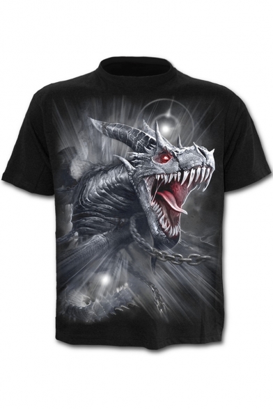 Summer New Stylish Stand Collar Short Sleeve 3D Dragon Print Black T-Shirt For Men