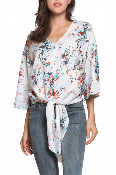 Summer New Trendy Floral Printed V-Neck Tied Hem Casual Loose Chiffon Blouse