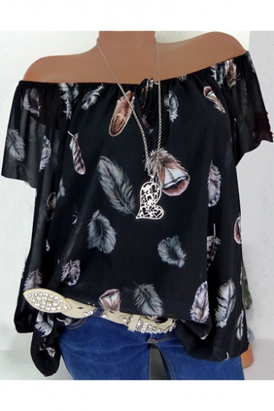 Summer Stylish Allover Feather Pattern Tied V-Neck Short Sleeve Casual Loose T-Shirt