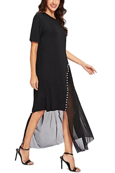 Summer Trendy Black Mesh Panel Beading Embellished Round Neck Short Sleeve Asymmetrical T-Shirt Dress