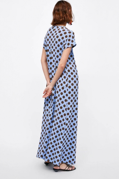 Summer Trendy Blue Polka Dot Printed Round Neck Short Sleeve Pleated Maxi Dress