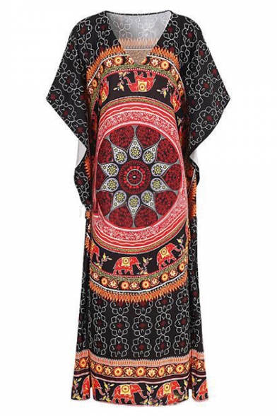 Summer Trendy Bohemian Pattern V-Neck Short Sleeve Holiday Beach Maxi Kaftan Dress
