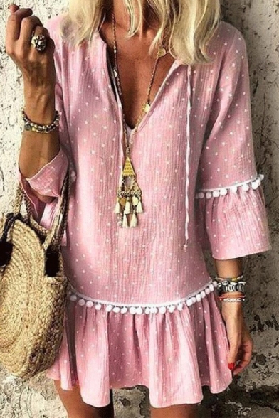 Summer Trendy Polka Dot Printed Three-Quarter Sleeve V-Neck Pompom Hem Pink Mini Dress