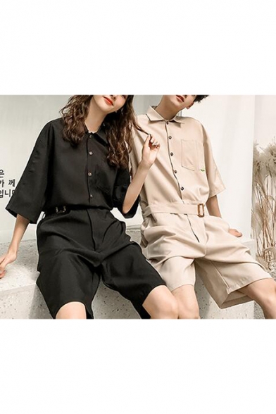 Summer Unisex Simple Plain Button Front Belted Waist Casual Work Rompers Shorts