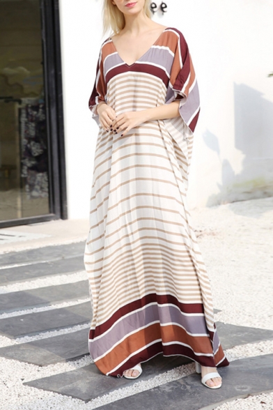 Summer Womens Hot Popular V-Neck Striped Pattern Maxi Casual Loose Kaftan  Dress - Beautifulhalo.com