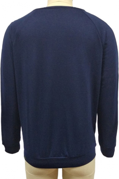 Trendy Color Block Round Neck Long Sleeve Casual Loose Pullover Navy Sweatshirt