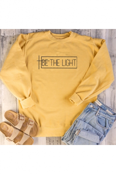 Trendy Letter BE THE LIGHT Print Basic Round Neck Long Sleeve Casual Sweatshirt