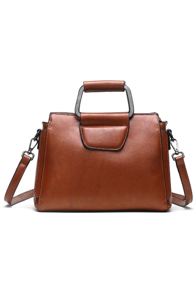 Trendy Retro Solid Color Cowhide Top Handle Satchel Tote Handbag 27*11*17 CM