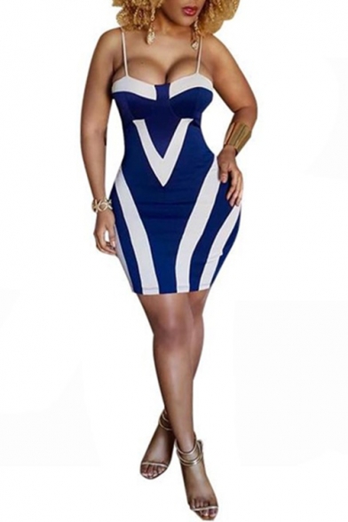 Trendy Sexy Blue and White Stripe Printed Spaghetti Straps Sleeveless Slip Bodycon Dress