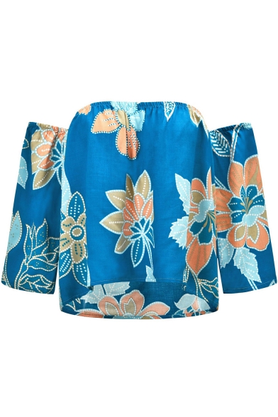 Trendy Summer Blue Floral Pattern Sexy Off the Shoulder Blouse Top