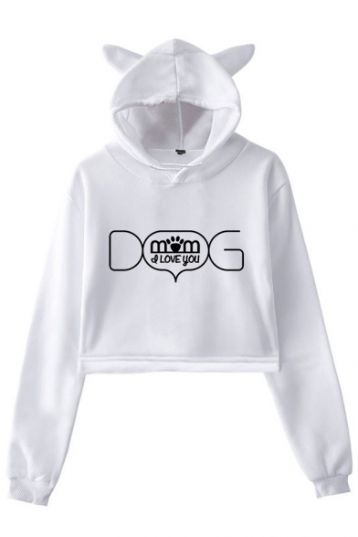 Unique Letter DOG MOM Pattern Cute Cat Ear Design Long Sleeve Cropped Hoodie