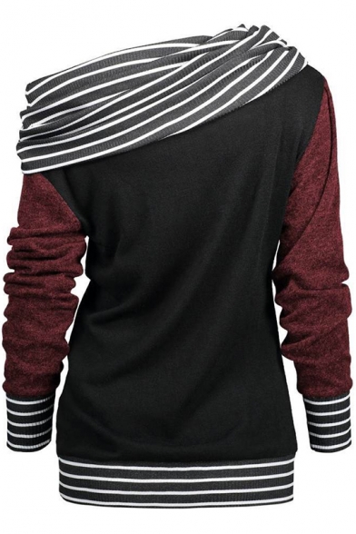 Unique Stripe Contrast Trim Skew Neck Raglan Long Sleeve Sweatshirt