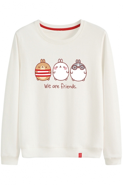 WE ARE FRIENDS Letter Cartoon Rabbits Print Round Neck Long Sleeve Cotton Sweatshirt