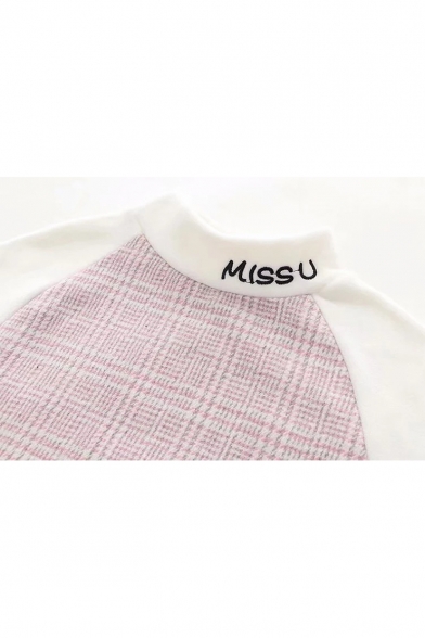 Women's Chic Letter MISS U Embroidered Mock Neck Plaid Print Patched Long Sleeve Casual Sweatshirt