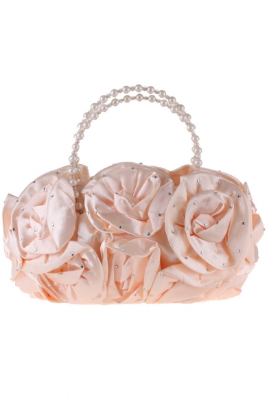 Women's Elegant Ruffled Floral Rhinestone Embellishment Beaded Handle Clutch Handbag 30*18 CM