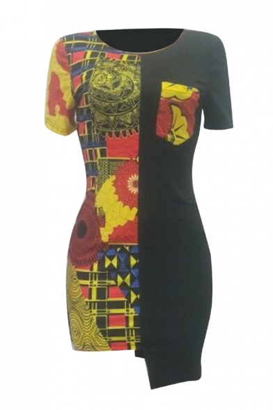 Women's Fashion Totem Tribal Printed Colorblock Round Neck Short Sleeve Mini Asymmetric Bodycon Dress