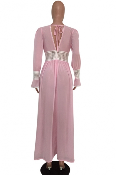 Women's Fashion V-Neck Ruffle Long Sleeve Plain Cutout Detail Maxi Shift Pink Dress
