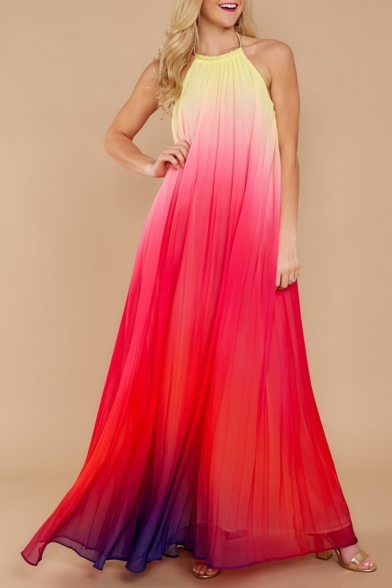 Women's Hot Fashion Halter Neck Sleeveless Colorblock Print Backless Maxi Swing Red Dress