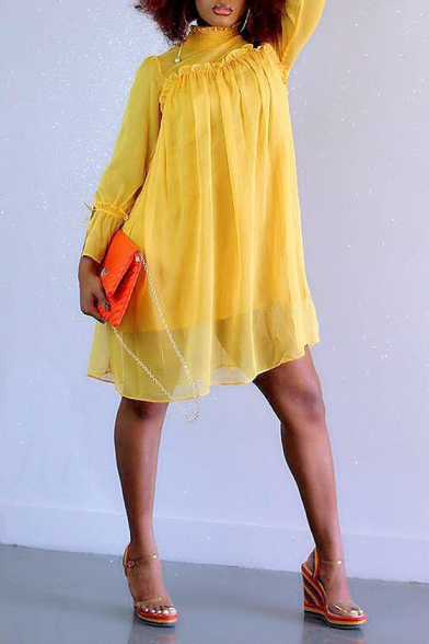 Women's Hot Fashion High Neck Long Sleeve Plain Tide Waist Mini Chiffon Yellow A-Line Dress