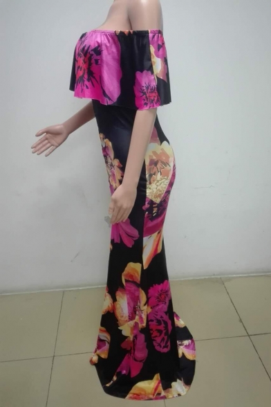 Women's Off The Shoulder Floral Printed Split Side Bodycon Length Floor Black Dress