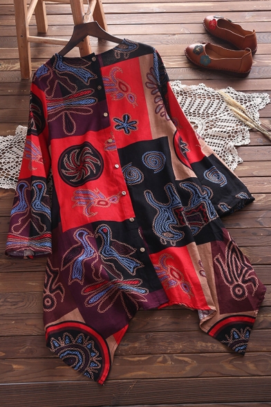 Women's Round Neck Long Sleeve Tribal Print Loose Mini Asymmetric Hem Dress