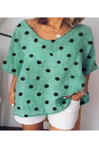 

Women' V Neck Short Sleeve Polka Dot Print Casual Tee, Blue;green;rose red;gray;khaki, LM527263