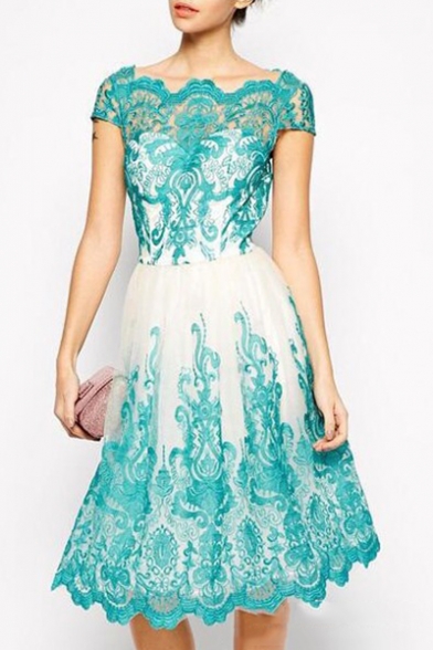 Women's New Elegant Floral Print Cap Sleeve Round Neck Lace Patch Midi Blue Fitted A-Line Dress