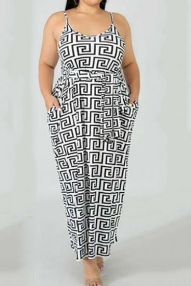 Women's New Trendy Spaghetti Straps Sleeveless Geometric Printed Plus Size Maxi Slip White Dress