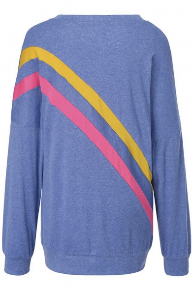 Womens Denim Blue Colorblocked Stripe Back Round Neck Long Sleeve Casual Loose Sweatshirt