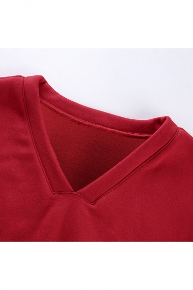 Womens Fashion Rib Stripe Hem V-Neck Long Sleeve Casual Loose Cropped Sweatshirt