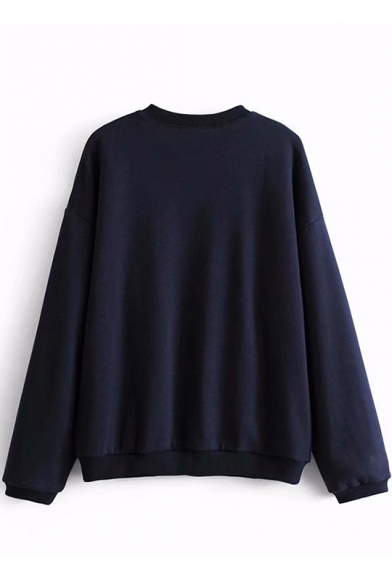 Womens Navy Star Colorblock Round Neck Long Sleeve Casual Loose Pullover Sweatshirt