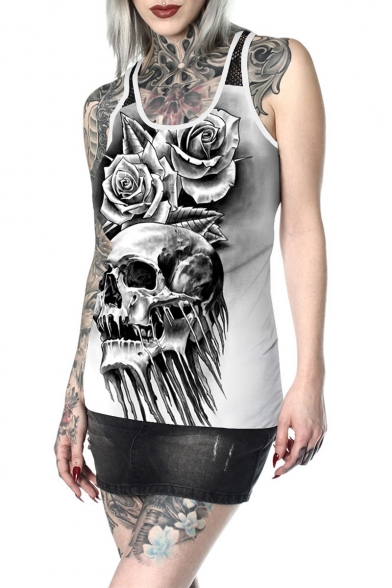 Womens Summer Cool Skull Printed Scoop Neck Sleeveless Fitted Tank Top