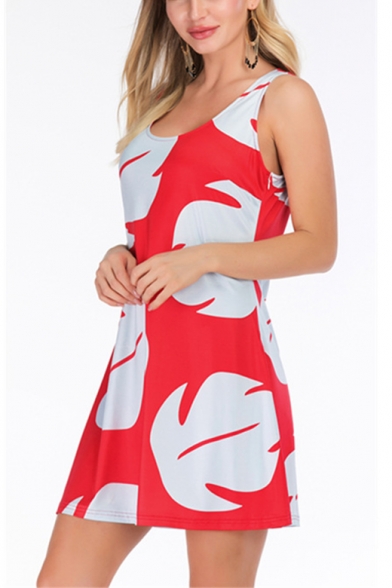 Womens Summer New Fashion Printed Scoop Neck Sleeveless Mini A-Line Red Tank Dress
