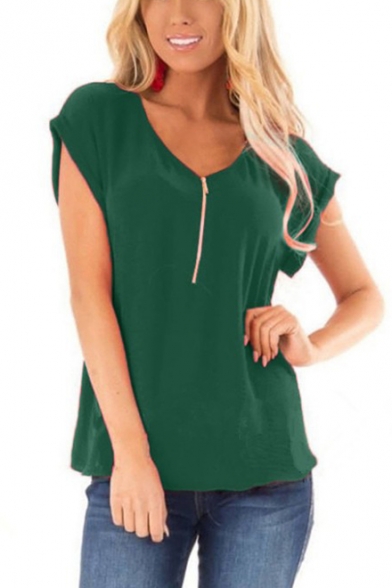 Womens Summer Simple Solid Color Zipper V-Neck Short Sleeve Casual T-Shirt