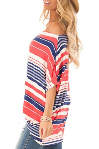 Womens Summer Trendy Colorful Striped Printed Cold Shoulder Twist Hem Loose Longline T-Shirt