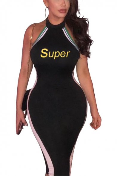 Womens SUPER Letter Stripe Halter Sleeveless Black Open Back Midi Bodycon Dress