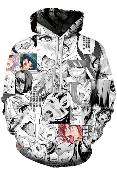 3D Comic Ahegao Figure Letter Printed Black and White Long Sleeve Unisex Drawstring Hoodie with Pocket