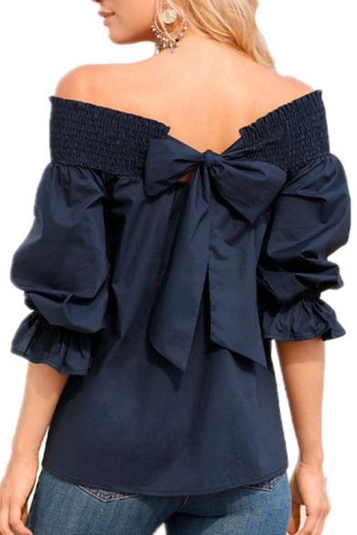 Basic Simple Plain Chic Bow-Tied Back Sexy Off the Shoulder Ruffled Sleeve Blouse Top