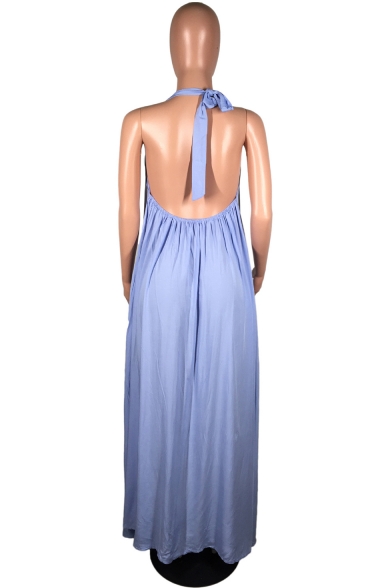 Basic Simple Plain Halter Neck Sleeveless Backless Midi Slip Dress for Women