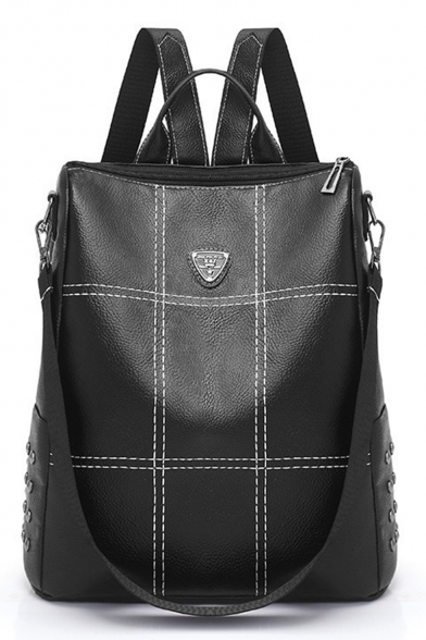 Big Capacity Fashion Metal Print Rivet Embellishment Black PU Leather Shoulder Bag Backpack for Girls 34*31*9 CM