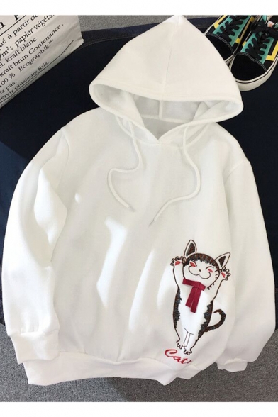 Cartoon Cat Letter Embroidered Printed Bow Patchwork Long Sleeve Drawstring Hoodie