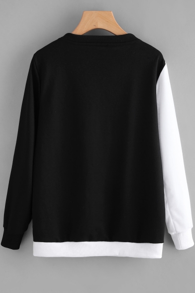 Cartoon Cat Print Black and White Colorblock Round Neck Long Sleeve Pullover Sweatshirt