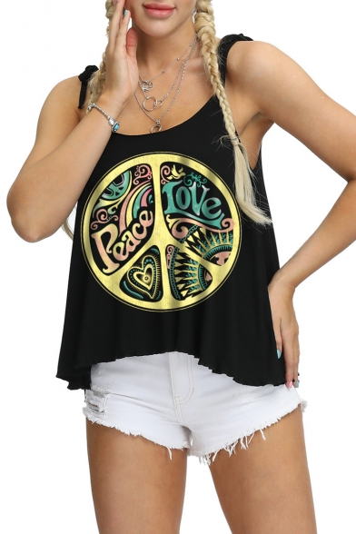 Circle Letter PEACE LOVE Print Fashion Bow-Tied Straps Loose Fit Black Cami Top