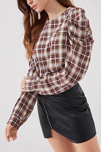 Classic Plaid Pattern Round Neck Unique Puff Long Sleeve Casual Blouse for Women