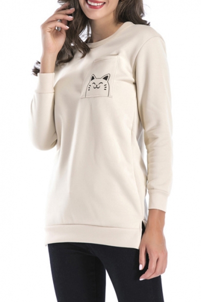 Cute Cartoon Cat Printed Round Neck Long Sleeve Split Side Tunic Pullover Sweatshirt