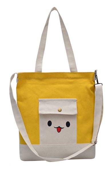 Cute Cartoon Pattern Colorblock Flat Pocket Front Canvas Shoulder Bag for School 33*5*36 CM
