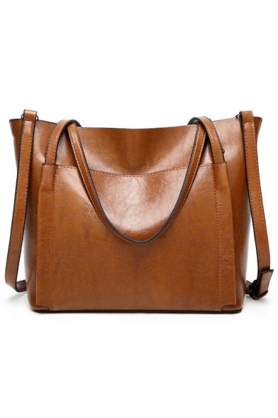 Designer Simple Fashion Plain Waxed PU Leather Tote Shoulder Bag for Women 29*15*27 CM