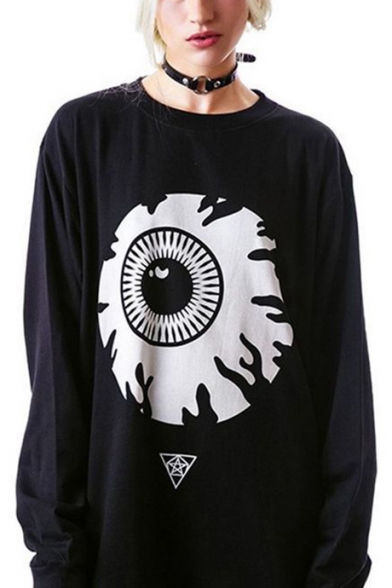 Fashion Big Eye Printed Round Neck Long Sleeve Black Casual Loose Tunic Sweatshirt