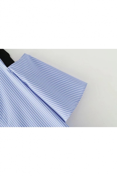 Fashion Blue Striped Pattern Round Neck Bow-Tied Strap Cold Shoulder Mini Shift Dress