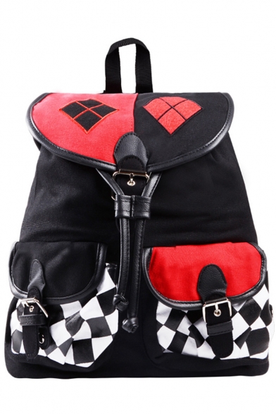 Fashion Classic Colorblock Plaid Printed Double Pockets Front Black Drawstring Travel Bag School Backpack 30*17*38 CM